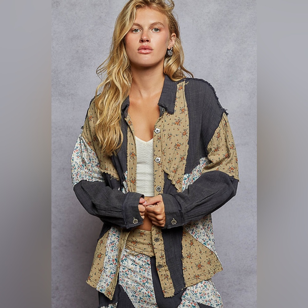POL Patchwork Button-Up Shirt